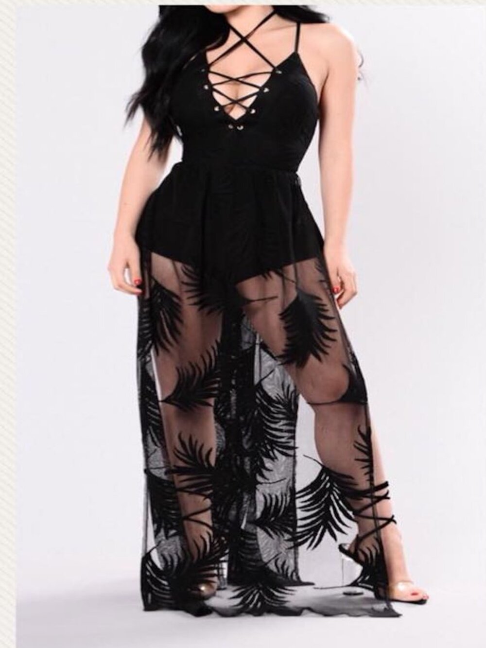 Fashion Nova Palm Print sheer romper/maxi dress.  Black Size XL